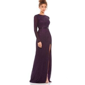 Mac Duggal 5056 Beaded High Neck Long Sleeve Gown With Detailed Belt Aubergine